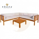 CONJUNTO SOFA 225x225CM CON MESA CENTRO 70x70 DE MADERA ACACIA CON COJINES BLANCOS SEVEN HOUSE
