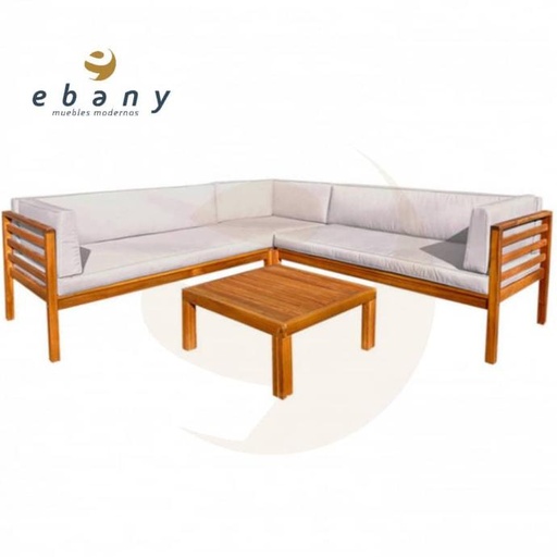 [75982] CONJUNTO SOFA 225x225CM CON MESA CENTRO 70x70 DE MADERA ACACIA CON COJINES BLANCOS SEVEN HOUSE